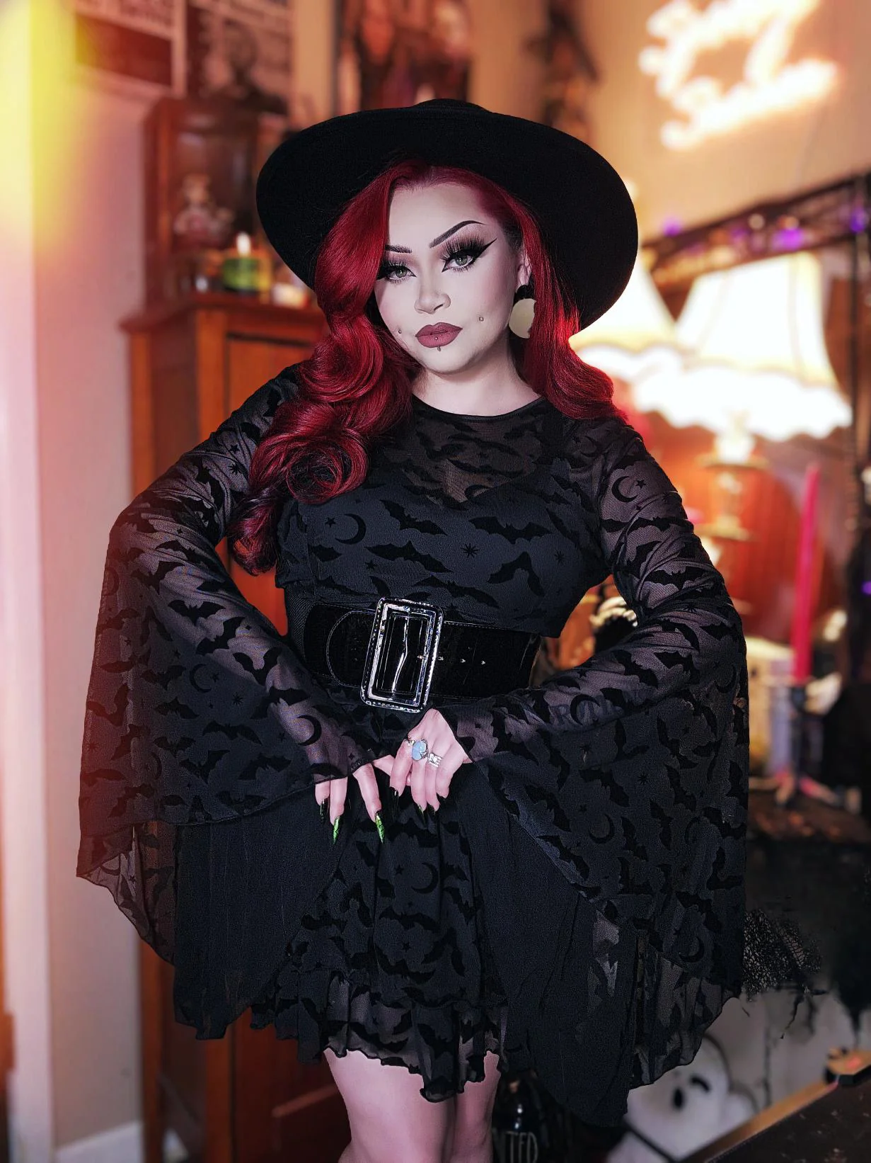 Dracuella - Velvet BATS Flocked Mini Dress with Witchy Bell Sleeves - READY TO SHIP