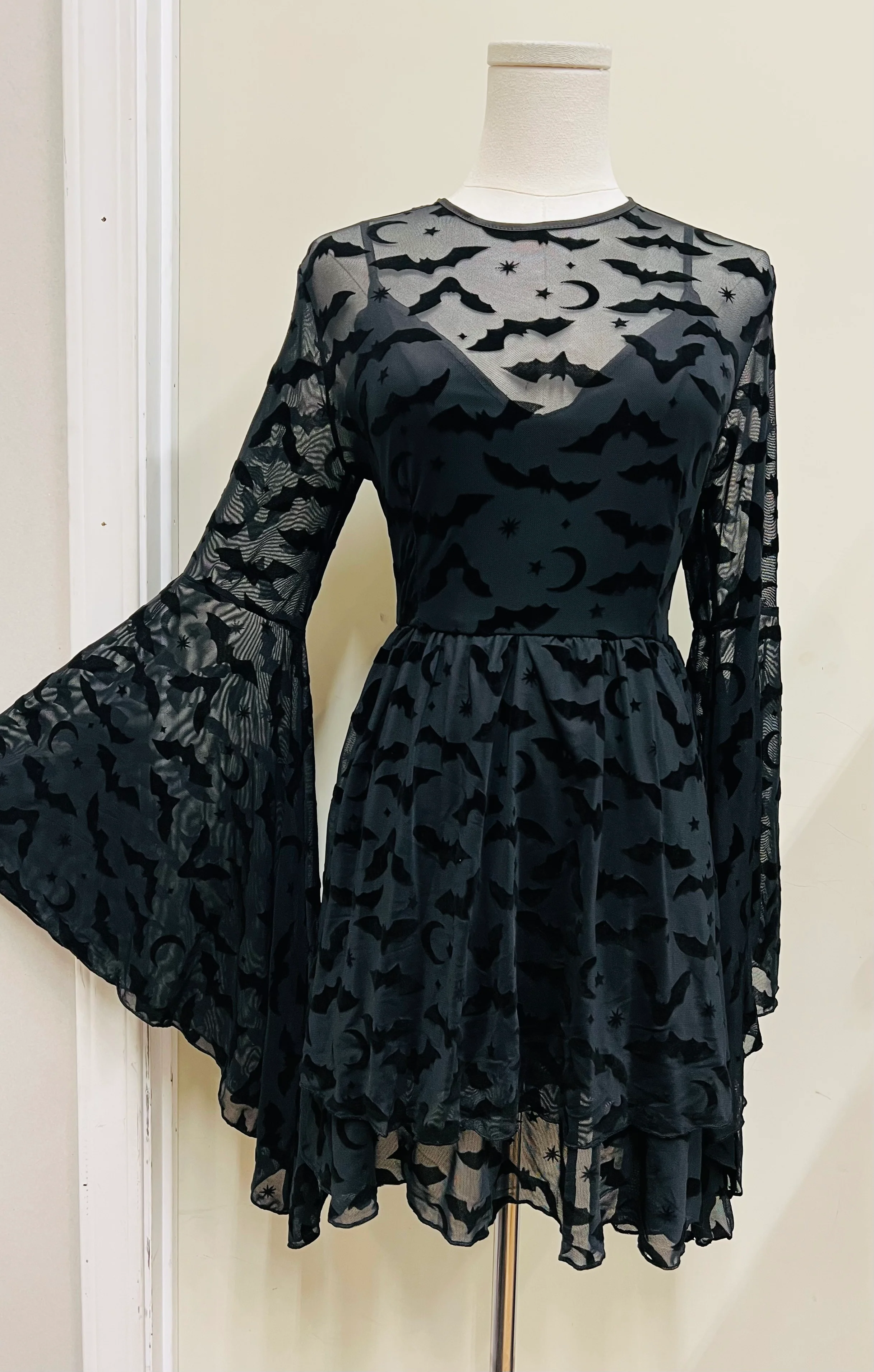 Dracuella - Velvet BATS Flocked Mini Dress with Witchy Bell Sleeves - READY TO SHIP - Image 3
