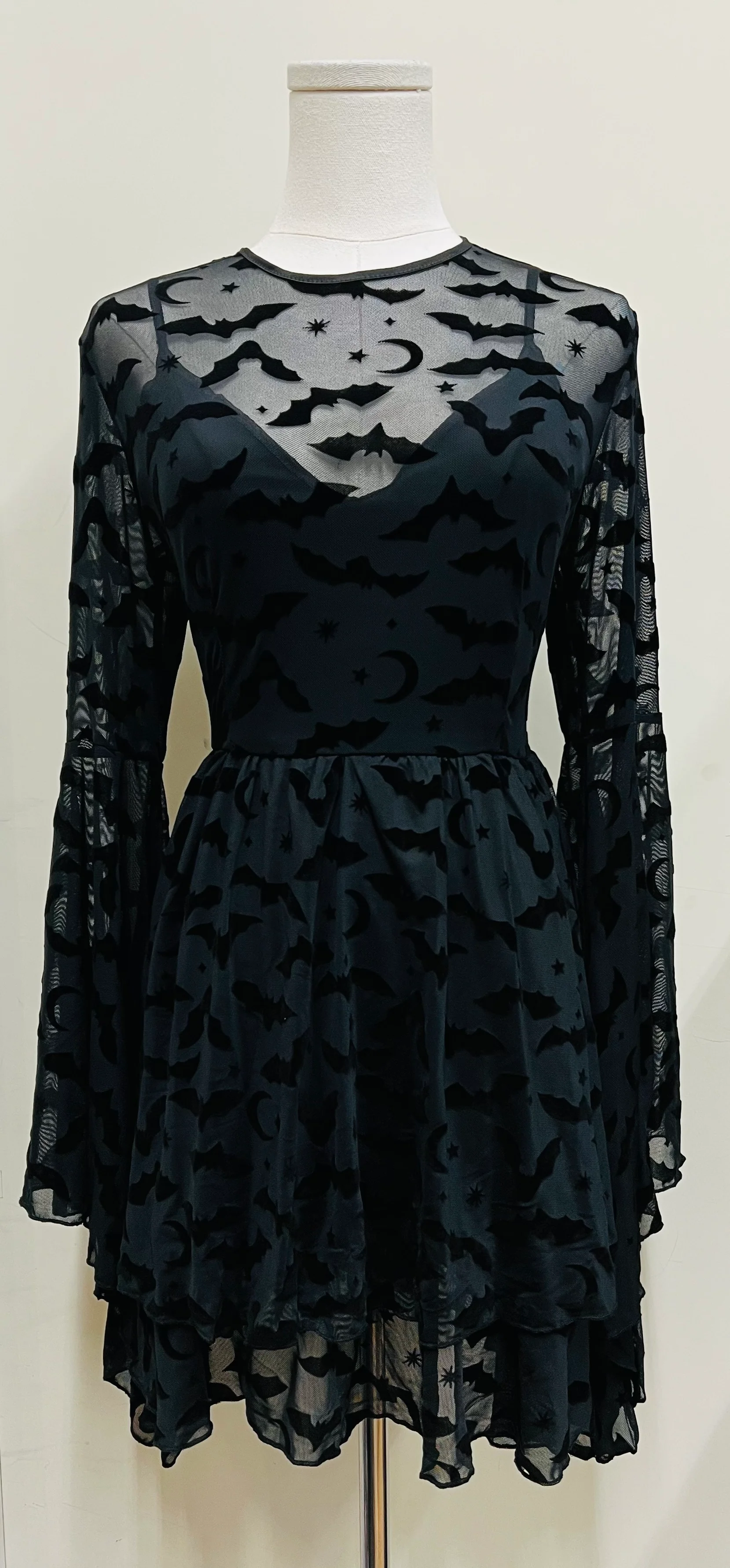Dracuella - Velvet BATS Flocked Mini Dress with Witchy Bell Sleeves - READY TO SHIP - Image 4
