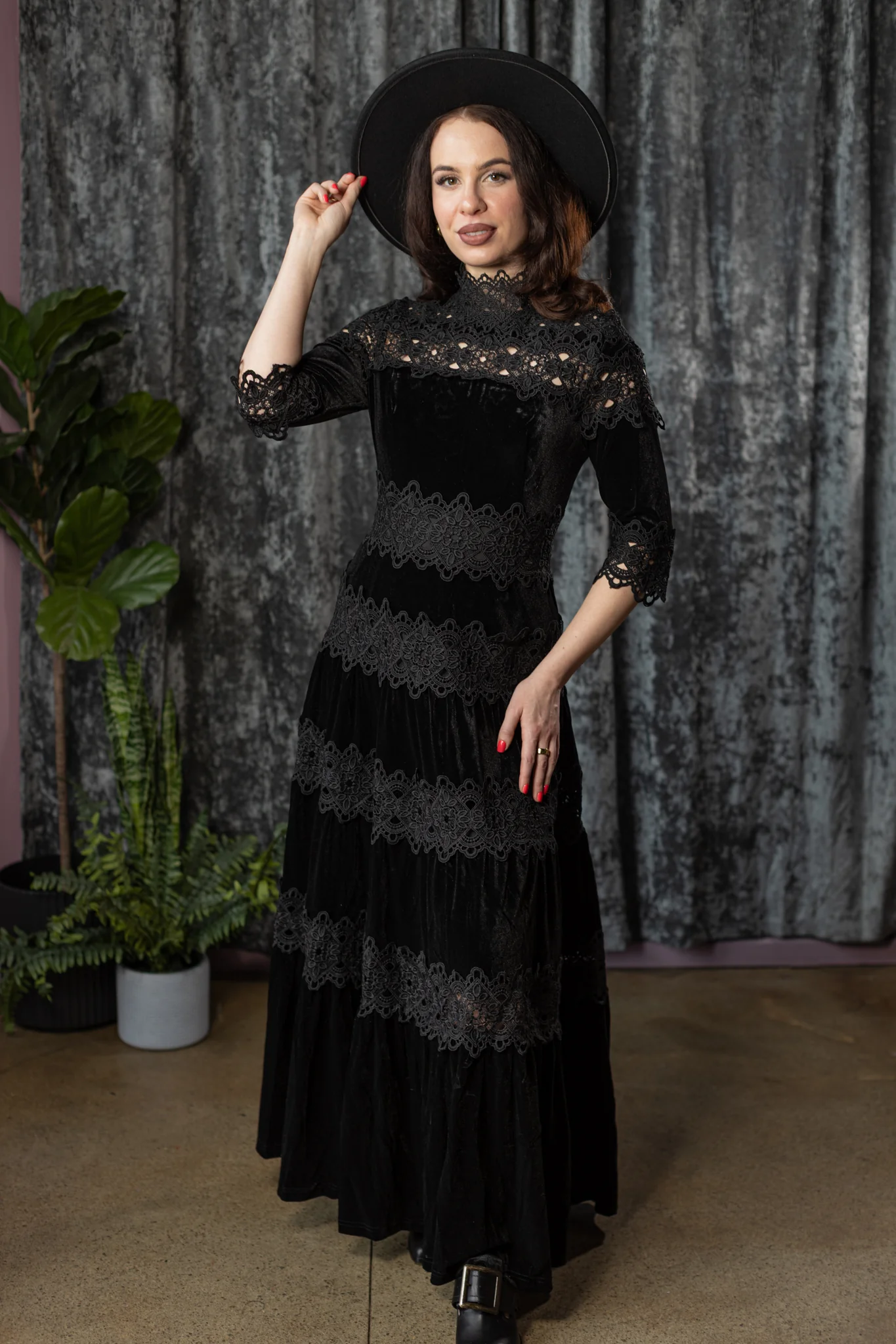 ELOWYN - Velvet and lace tiered maxi dress - PRE-ORDER