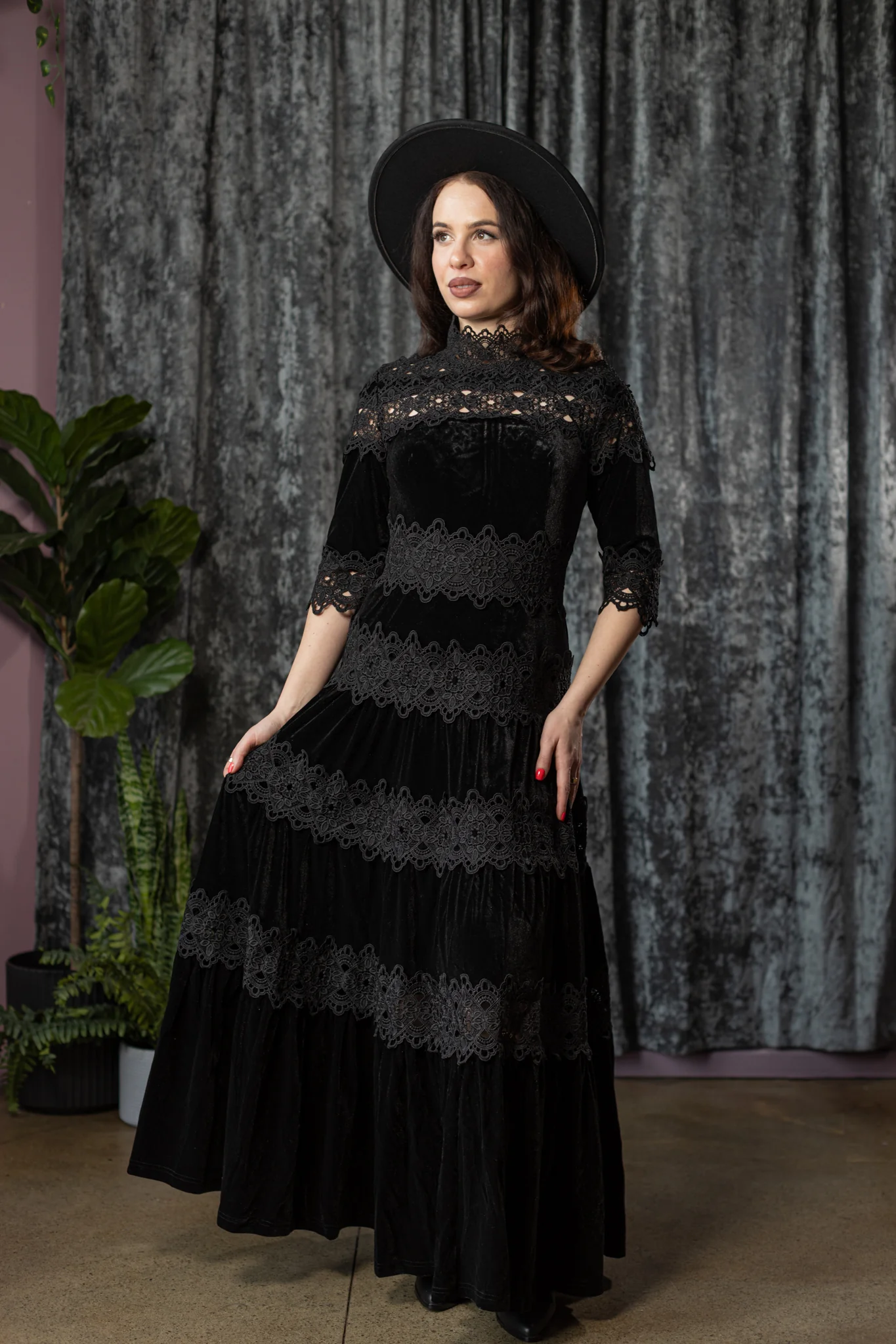 ELOWYN - Velvet and lace tiered maxi dress - PRE-ORDER - Image 2