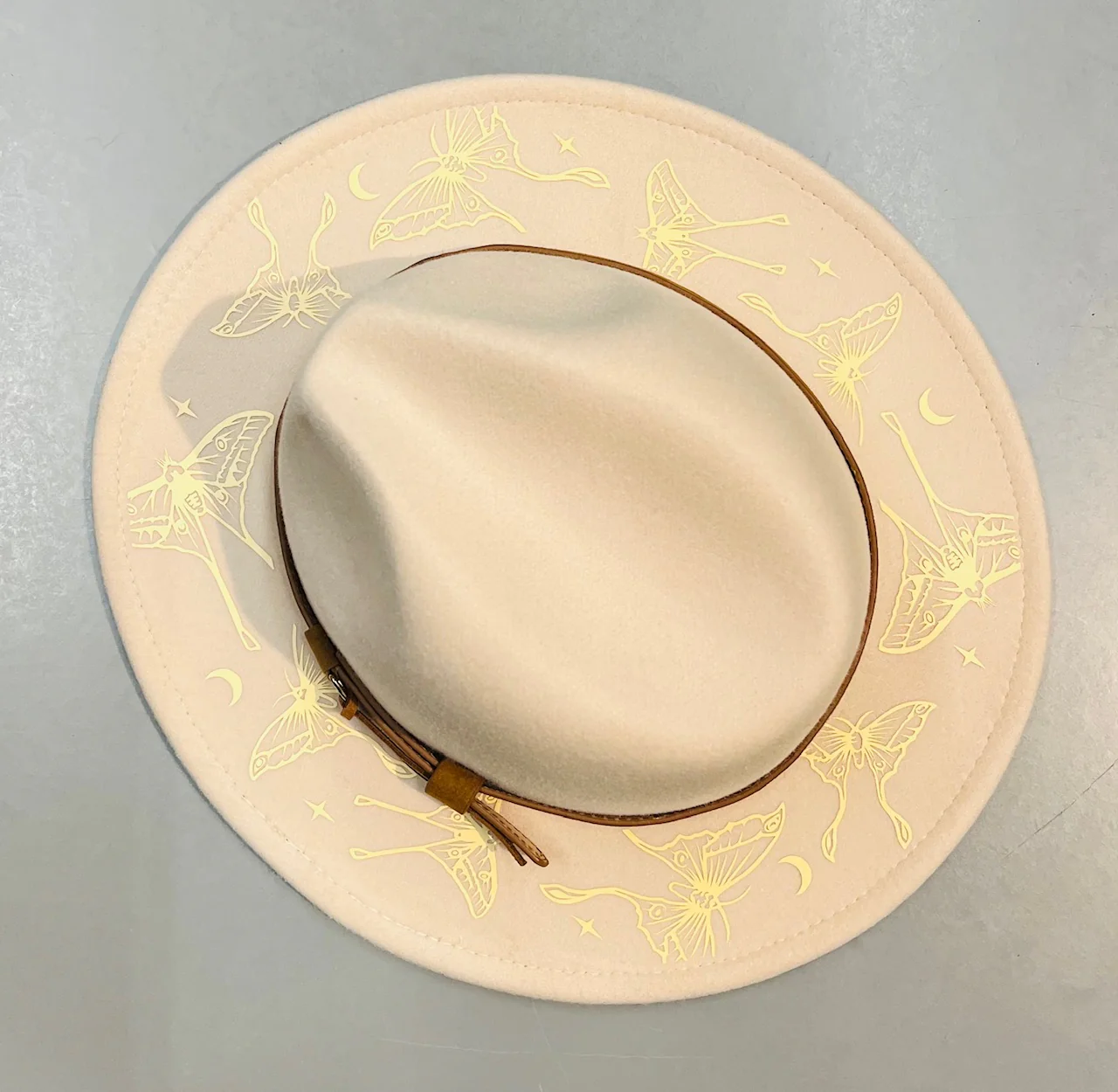 Fox & Fable - Vegan Felt Wide Brim Hat -  Luna Moths - Cream on Cream