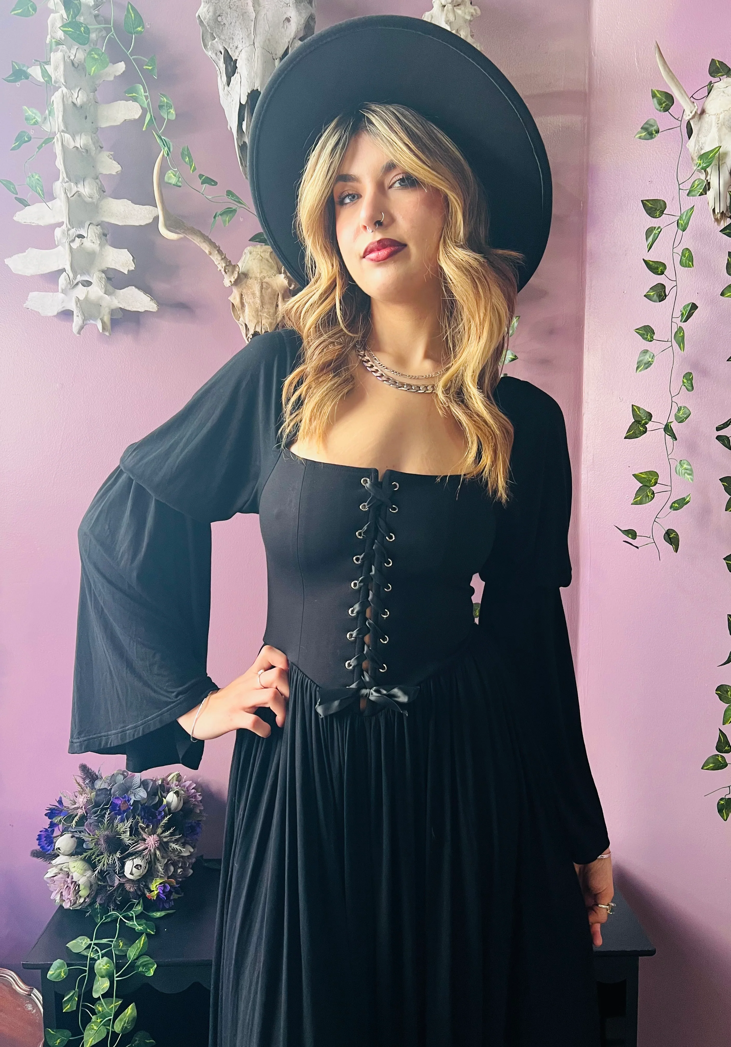Lilith - Dark Cottage Goth Lace Up Jersey Dress - READY TO SHIP - Image 10