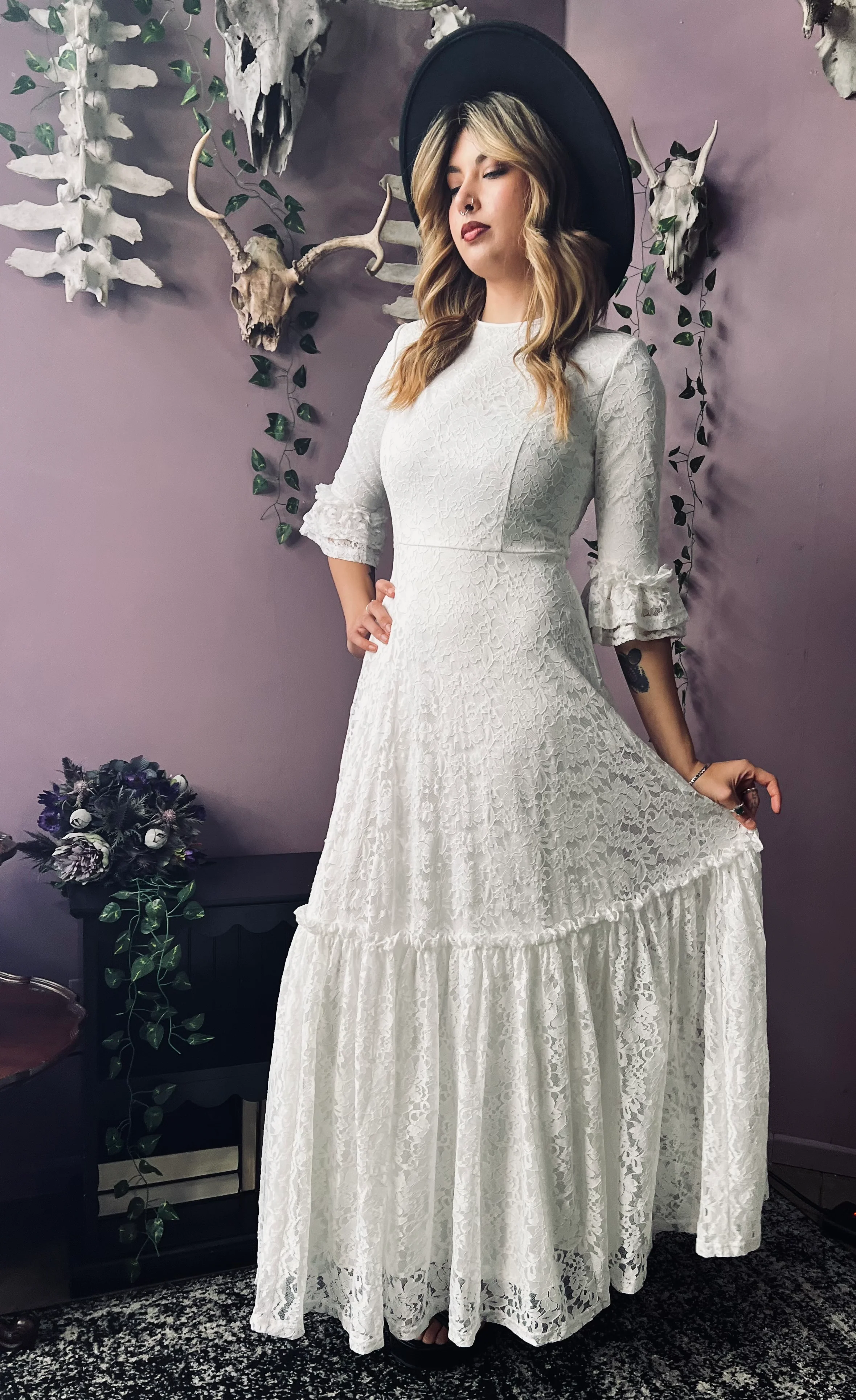 Mina - Ivory Floral Lace Bride of the Vampire Maxi Dress - READY TO SHIP - Image 7