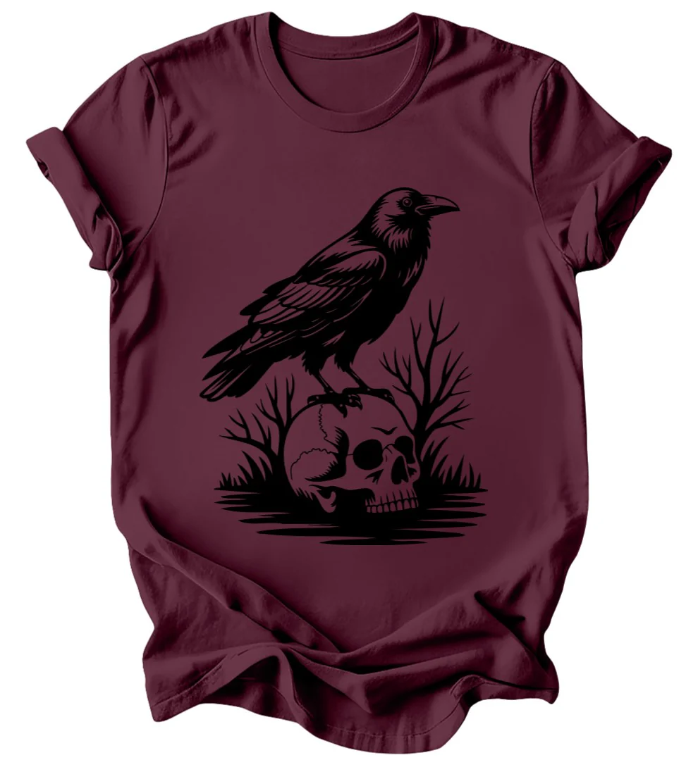 Raven Skull - Burgundy or Emerald T-Shirt - Image 2