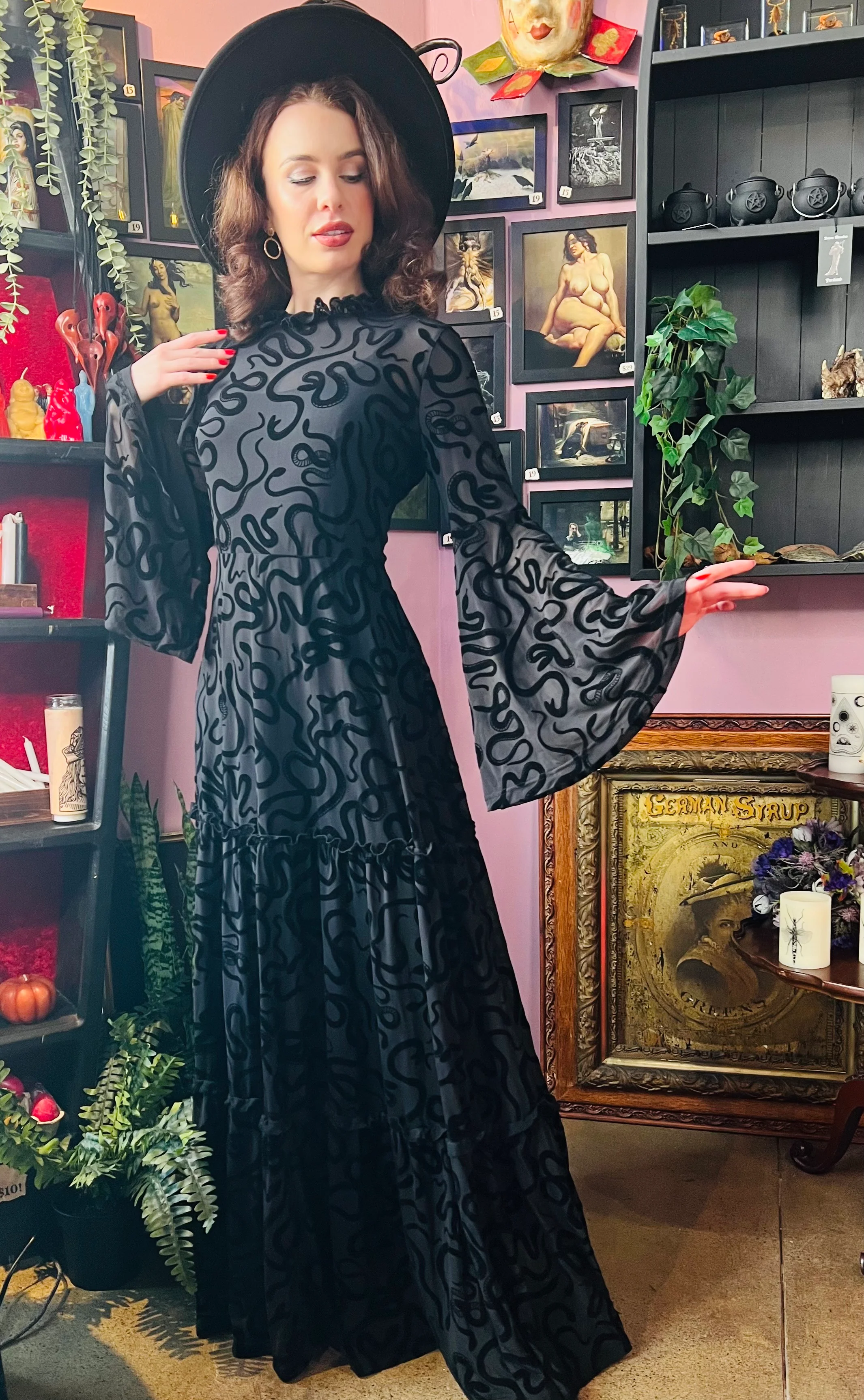 Sloane - Velvet Flocked Snake Maxi Dress with Bell Sleeves - READY-to-SHIP - Image 2
