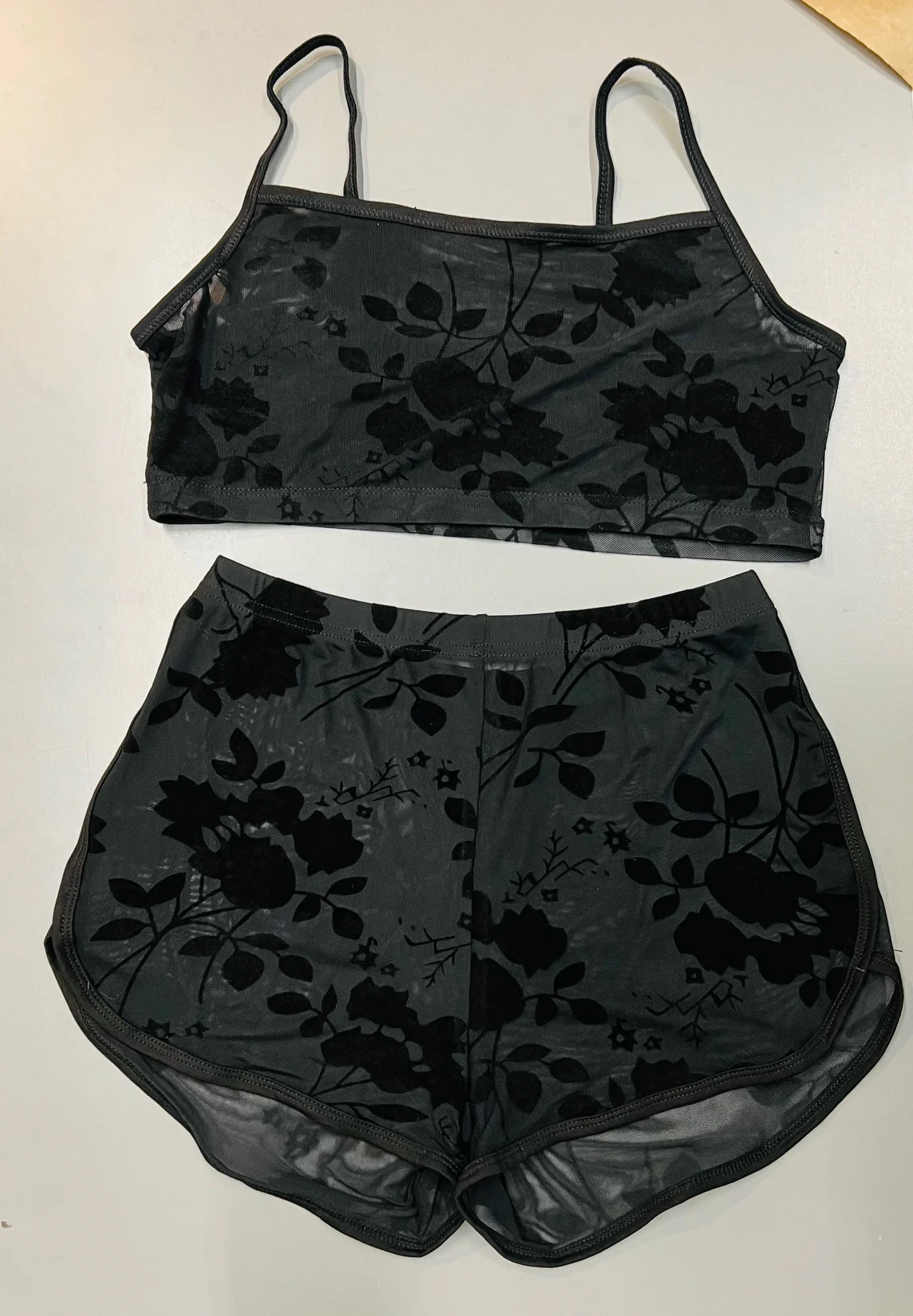 The Sinister Set - GOTHIC FLORAL - Sheer Velvet Flocked Floral Bra & Shorts Set - READY TO SHIP
