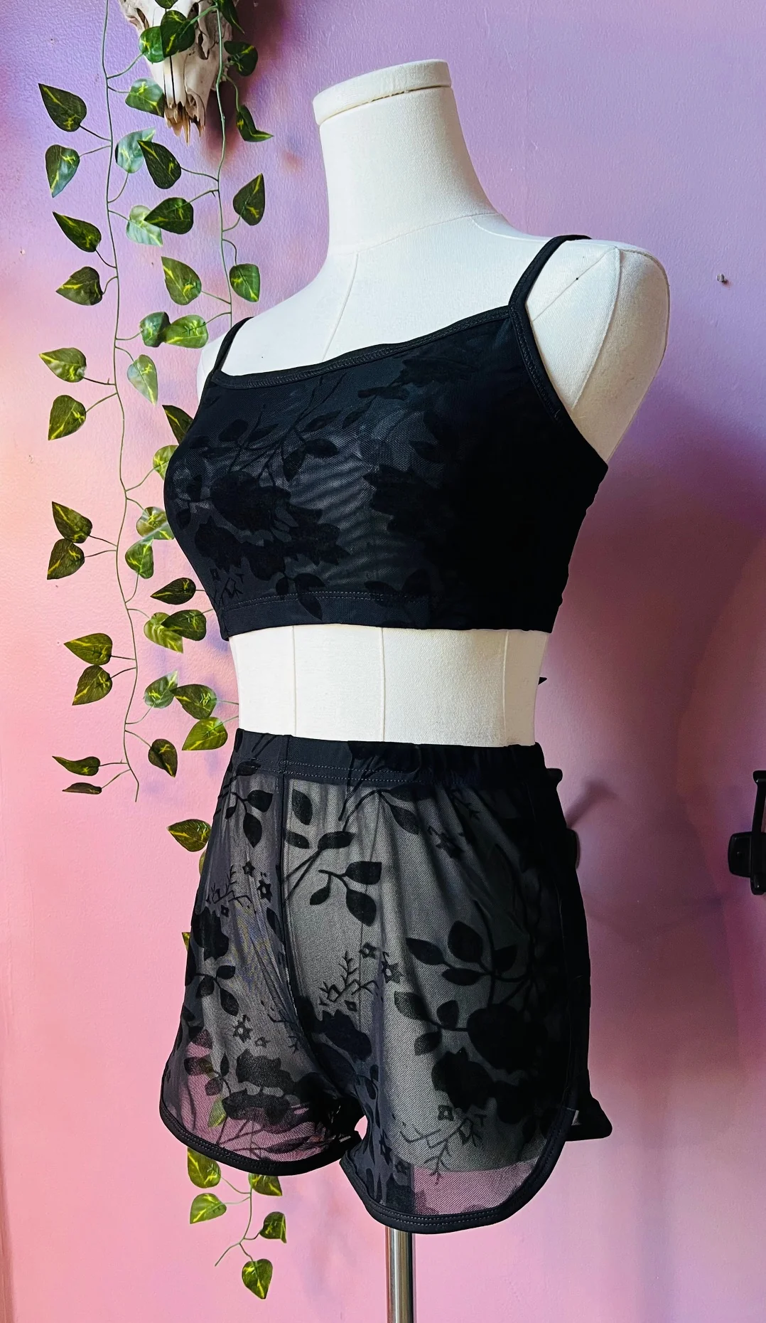 The Sinister Set - GOTHIC FLORAL - Sheer Velvet Flocked Floral Bra & Shorts Set - READY TO SHIP - Image 2
