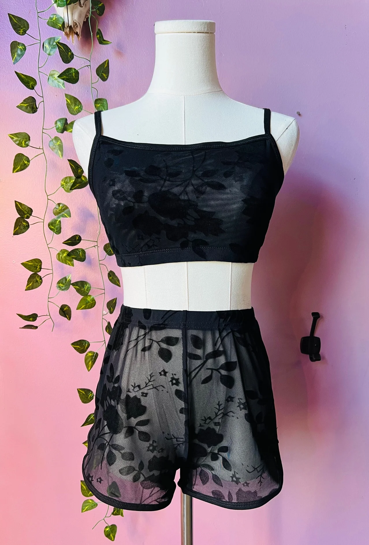 The Sinister Set - GOTHIC FLORAL - Sheer Velvet Flocked Floral Bra & Shorts Set - READY TO SHIP - Image 3