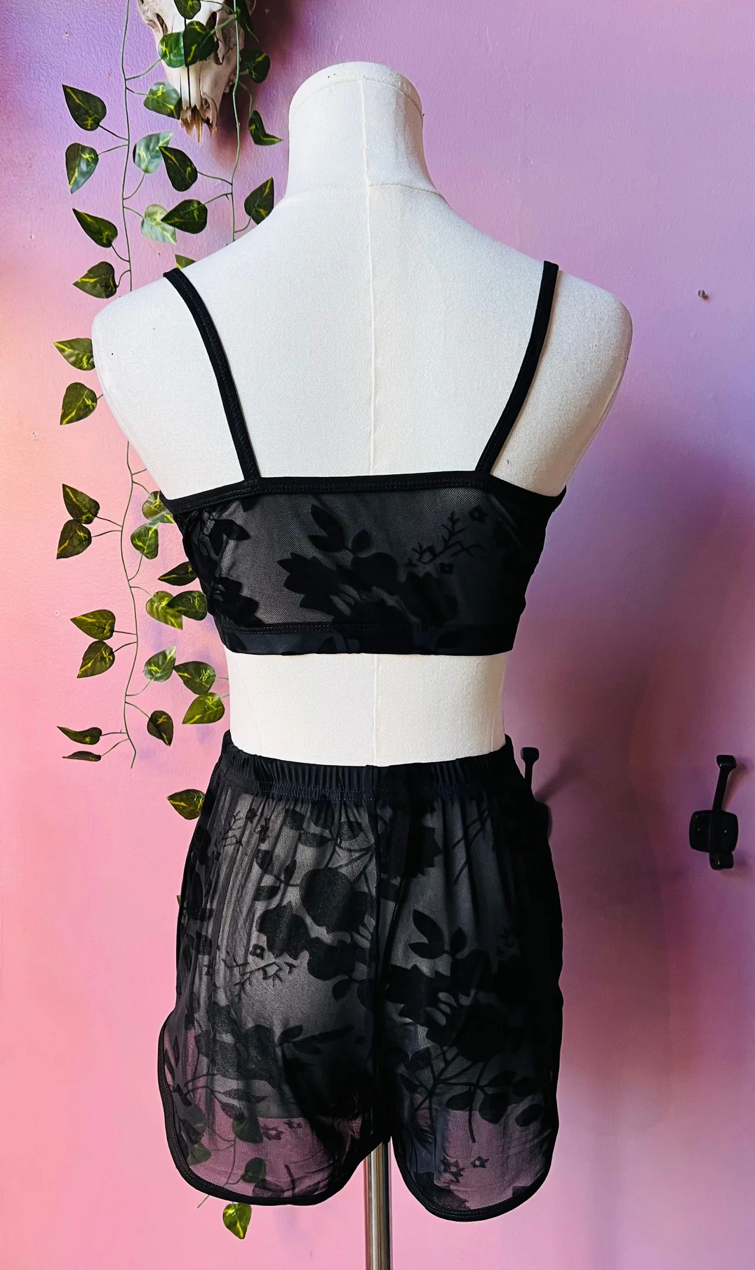 The Sinister Set - GOTHIC FLORAL - Sheer Velvet Flocked Floral Bra & Shorts Set - READY TO SHIP - Image 4