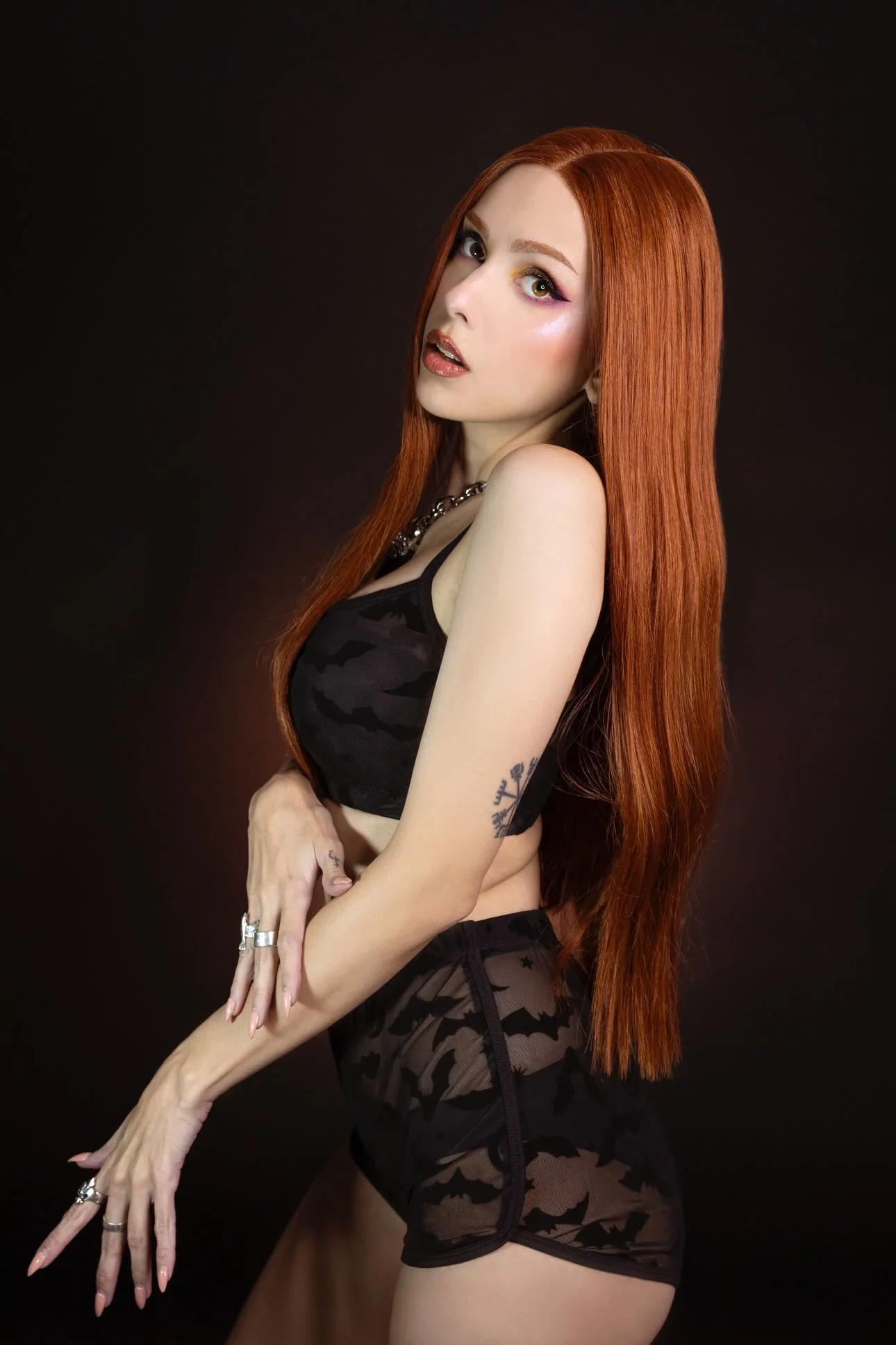 The Sinister Set - BATS - Sheer Velvet Flocked Bat Bra & Shorts Set - READY To SHIP - Image 3