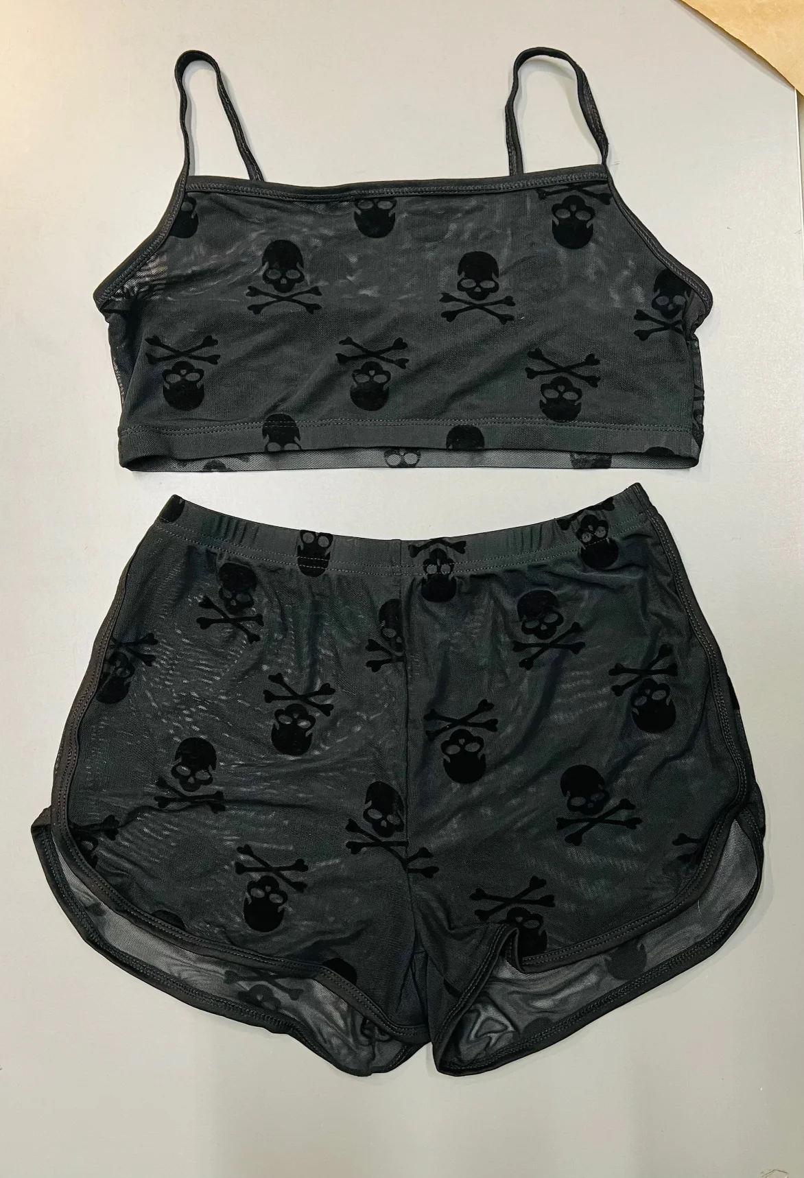 The Sinister Set - SKULLS - Sheer Velvet Flocked Skulls Bra & Shorts Set - READY TO SHIP