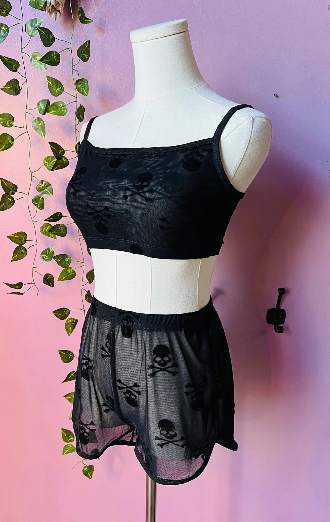 The Sinister Set - SKULLS - Sheer Velvet Flocked Skulls Bra & Shorts Set - READY TO SHIP - Image 2