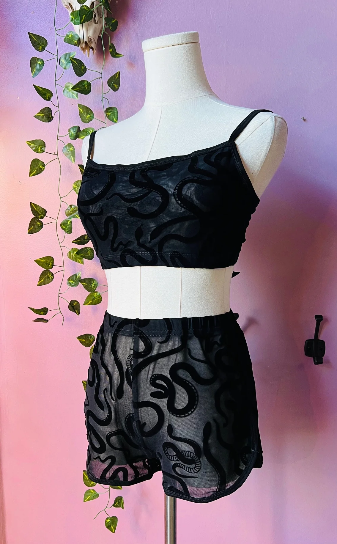 The Sinister Set - SNAKES - Sheer Velvet Flocked Snakes Bra & Shorts Set - READY To SHIP - Image 2