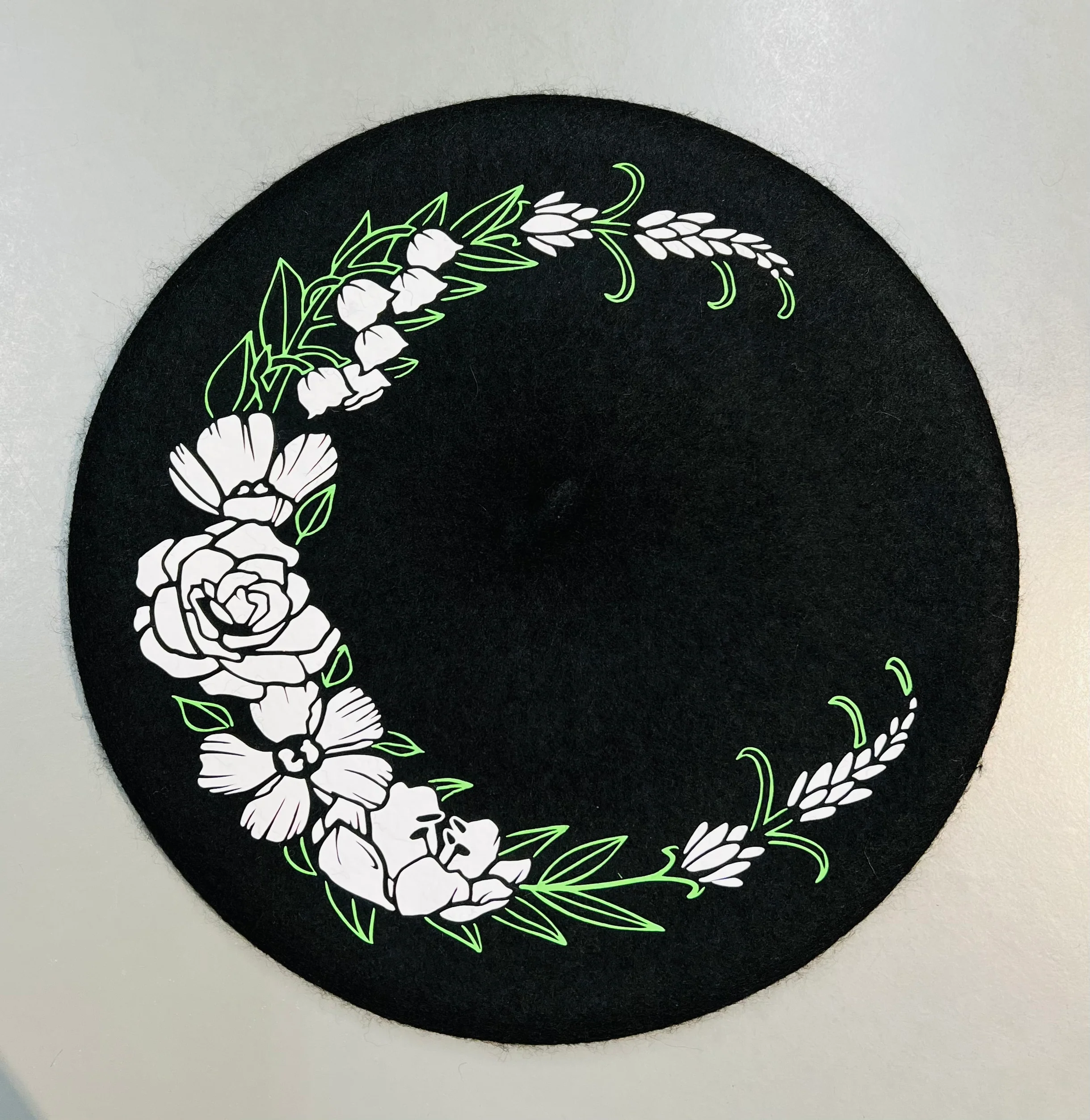 Vegan Beret - Black - Floral Crescent Moon
