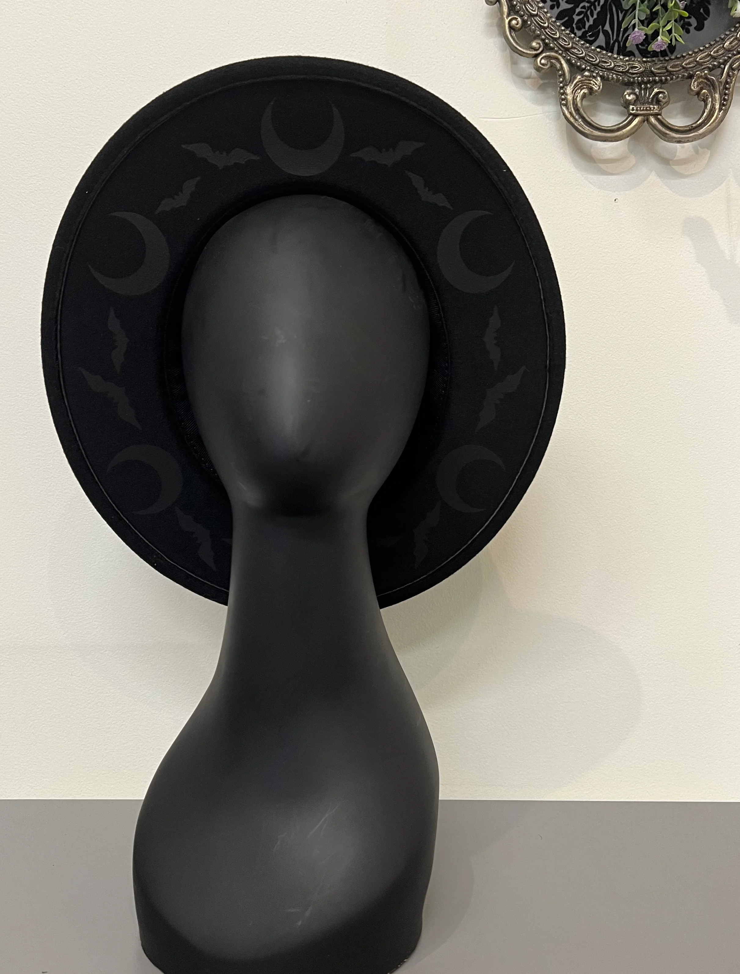 Vegan Felt Wide Brim Hat - Black on Black Bat moon