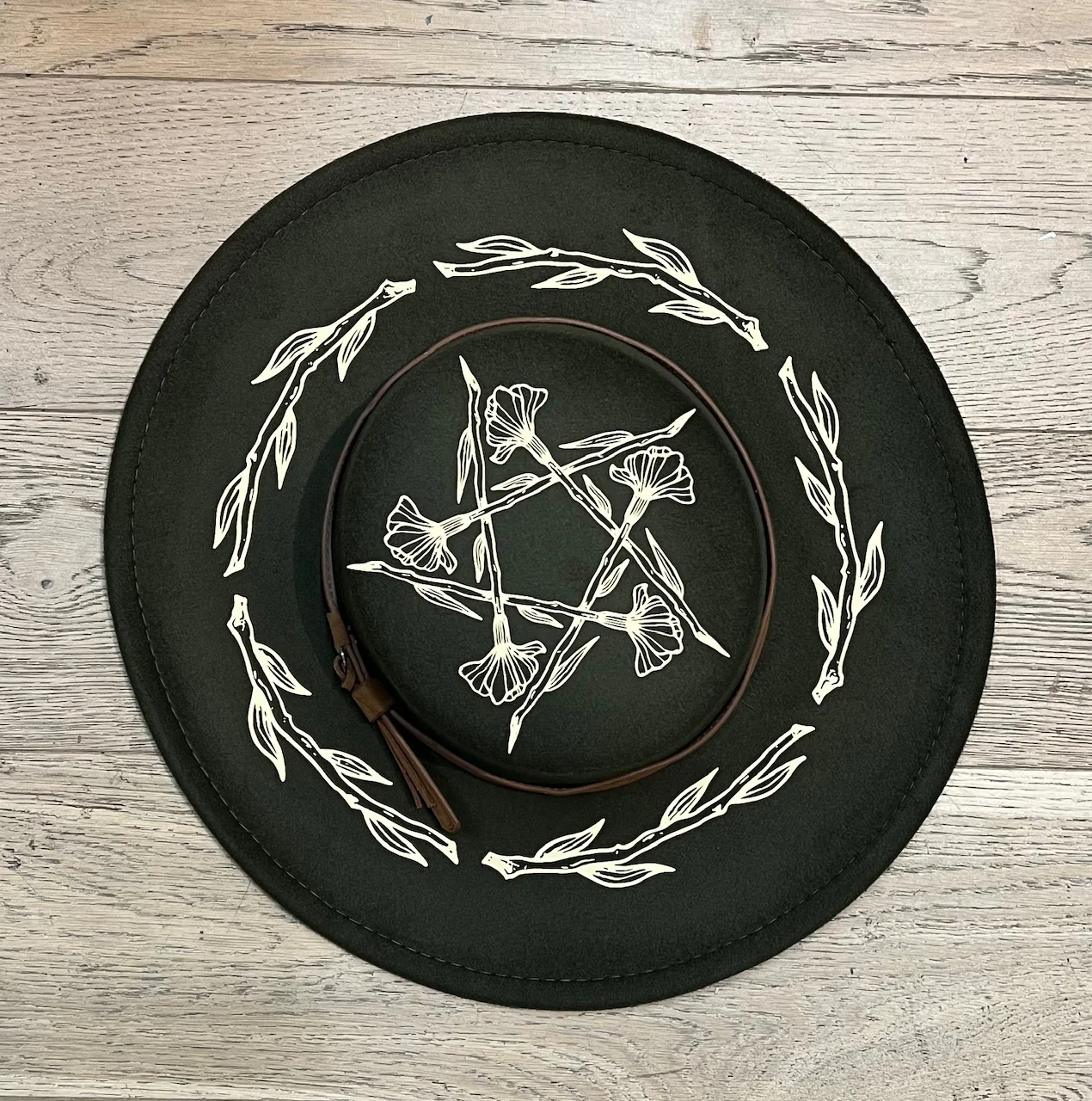 Vegan Felt Wide Brim Hat - Flat Top - Olive - Floral Pentacle