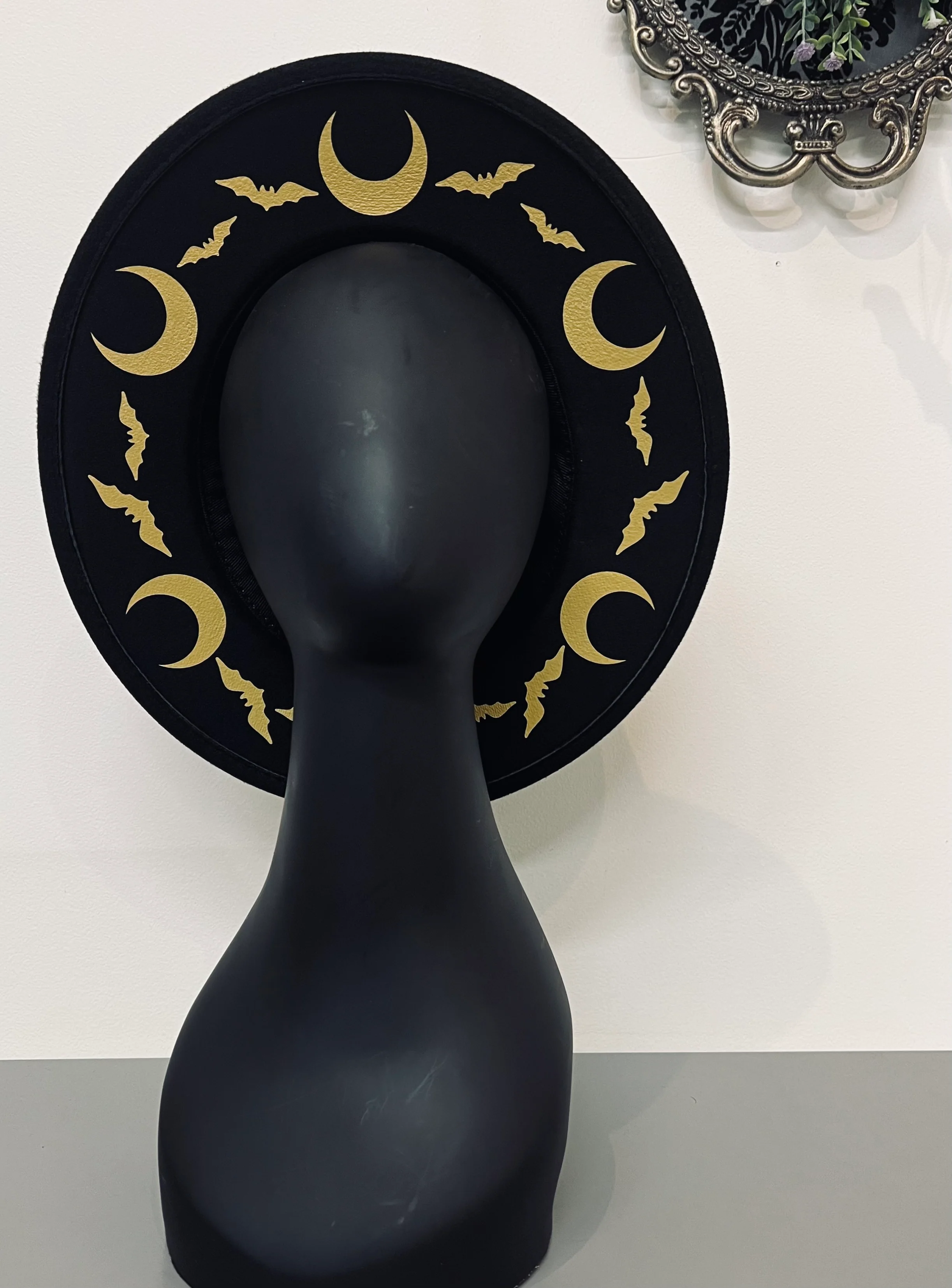 Vegan Felt Wide Brim Hat - Gold Bat moon