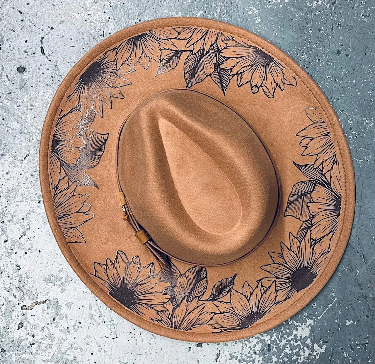 Vegan Felt Wide Brim Hat - XL Brim - Caramel - Sunflowers