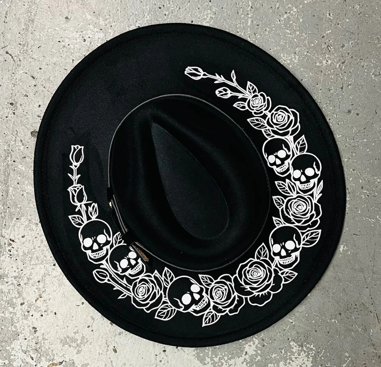 Vegan Felt Wide Brim Hat - XL Brim - Skulls & Roses