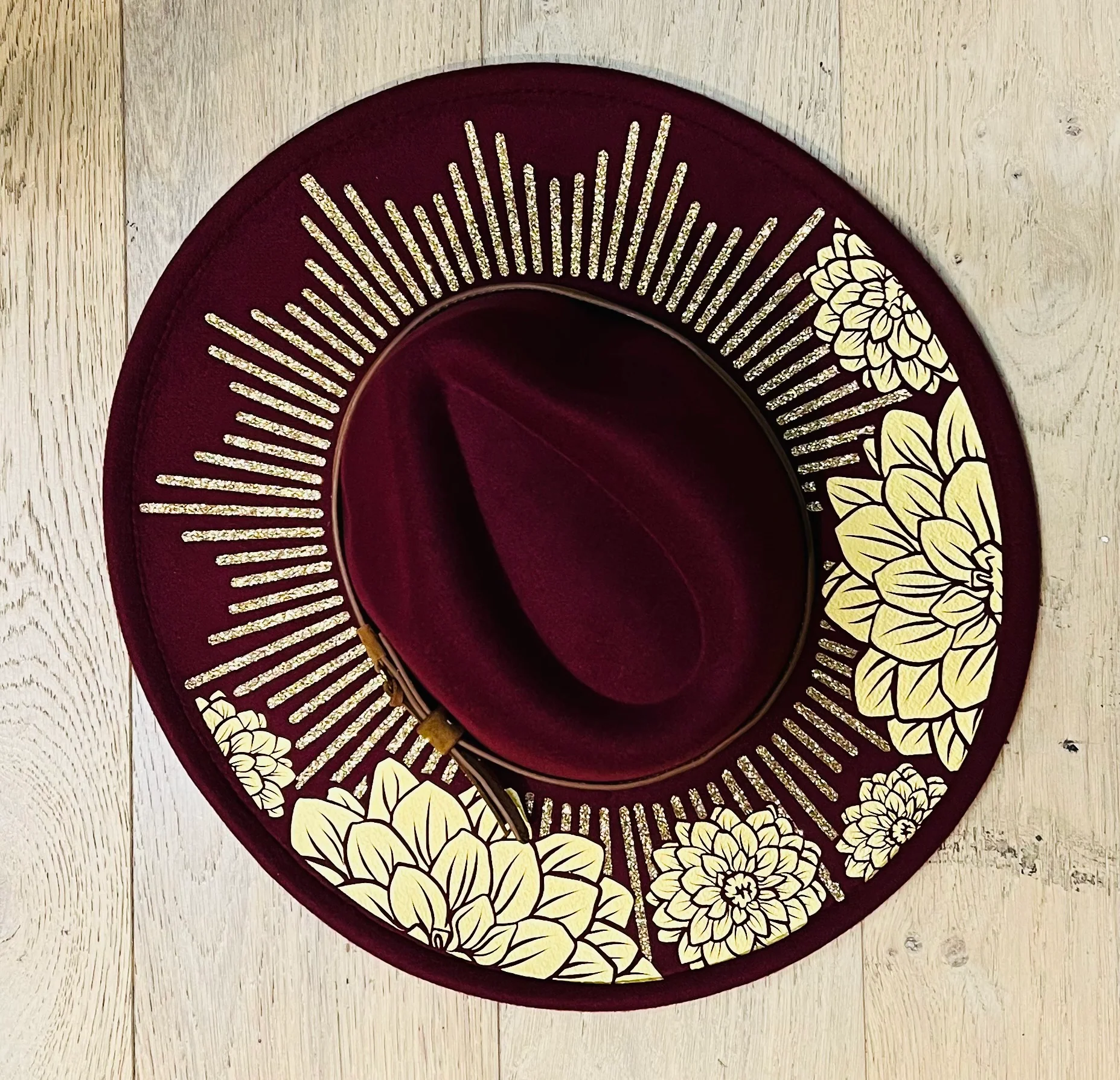 Vegan Felt Wide Brim Hat - XL Brim - Wine Red - Dahlia Burst - Image 3