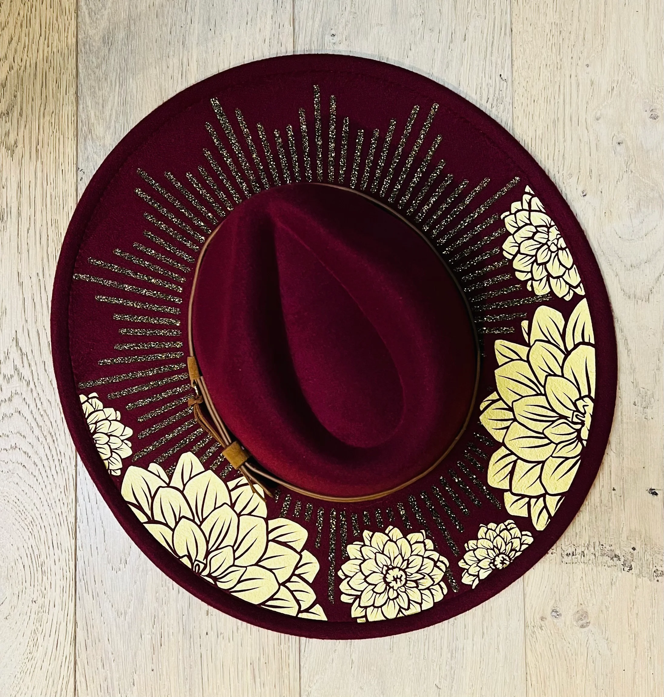 Vegan Felt Wide Brim Hat - XL Brim - Wine Red - Dahlia Burst - Image 4