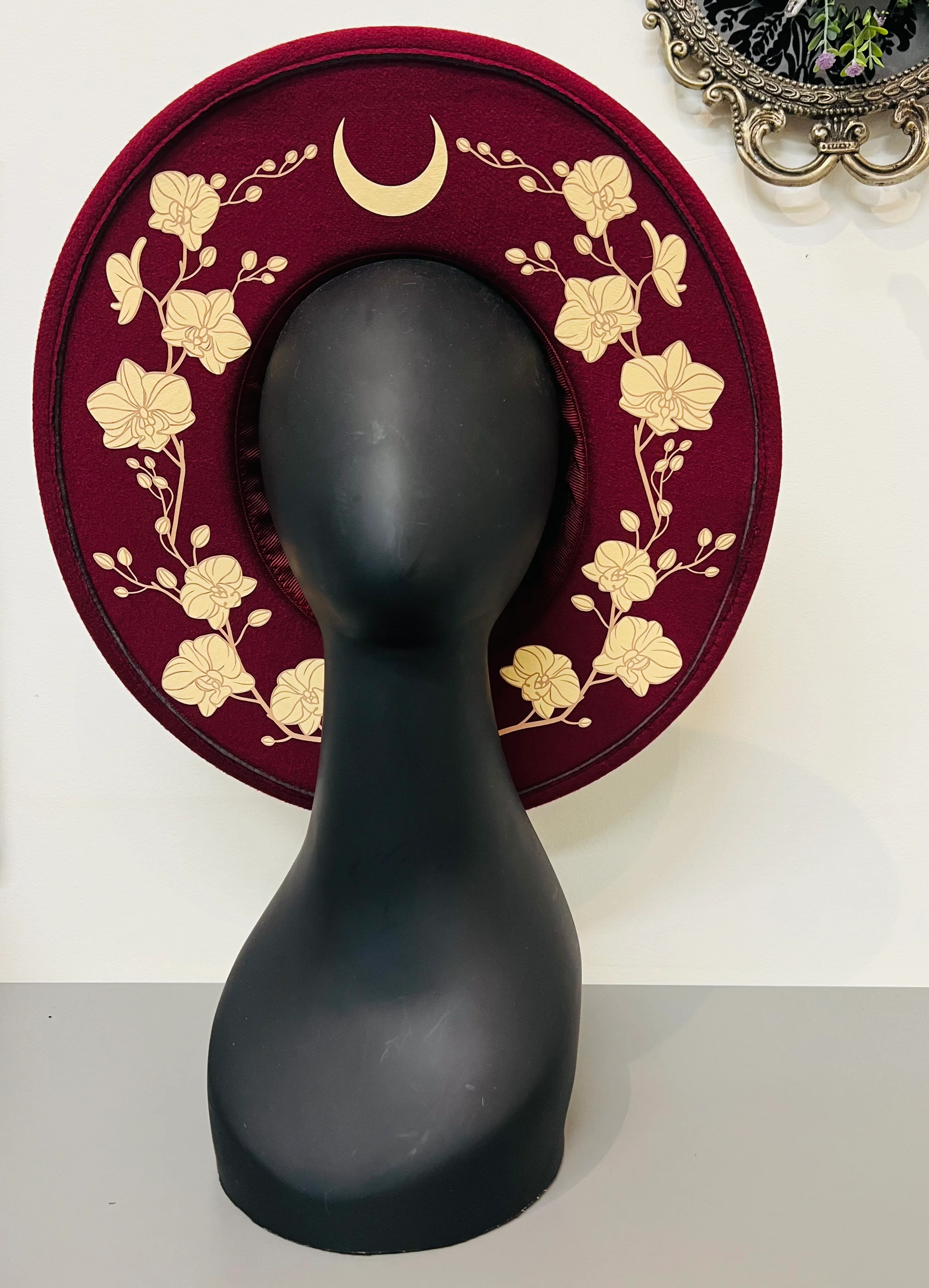 Vegan Felt Wide Brim Hat - XL Brim - Wine Red - Orchids